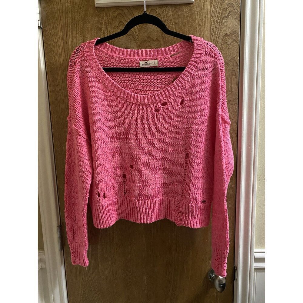Hollister Hot Pink Distressed Knit Sweater Crop With Holes 90s Style Size Large